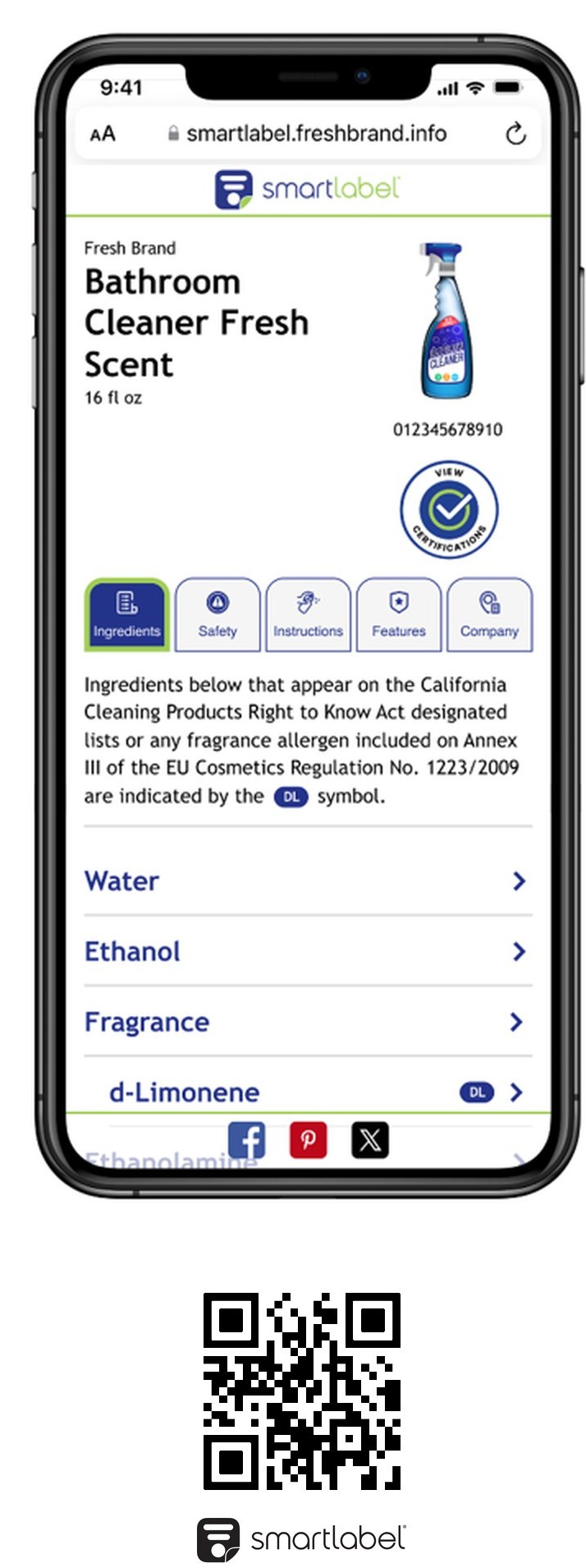 Cleaning SmartLabel template: a bathroom cleaner page on a phone, with a QR code to scan