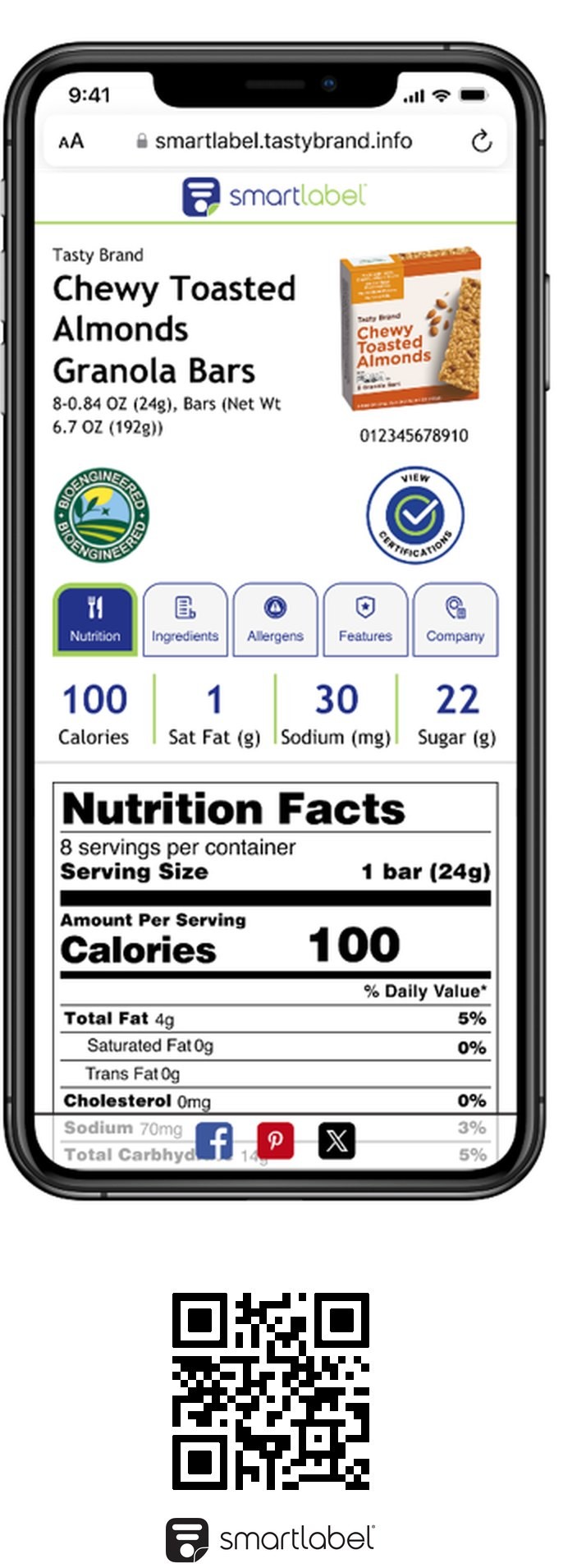 Food and Beverage SmartLabel template: a granola bar page on a phone, with a QR code to scan